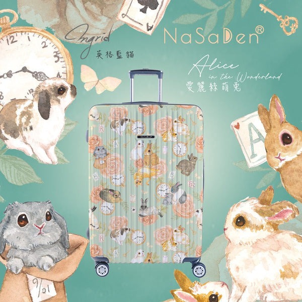 【納莎登 NaSaDen】★26吋 二代版 新無憂 英格藍貓聯名款 獨特印花拉鍊行李箱 愛麗絲萌兔 粉綠